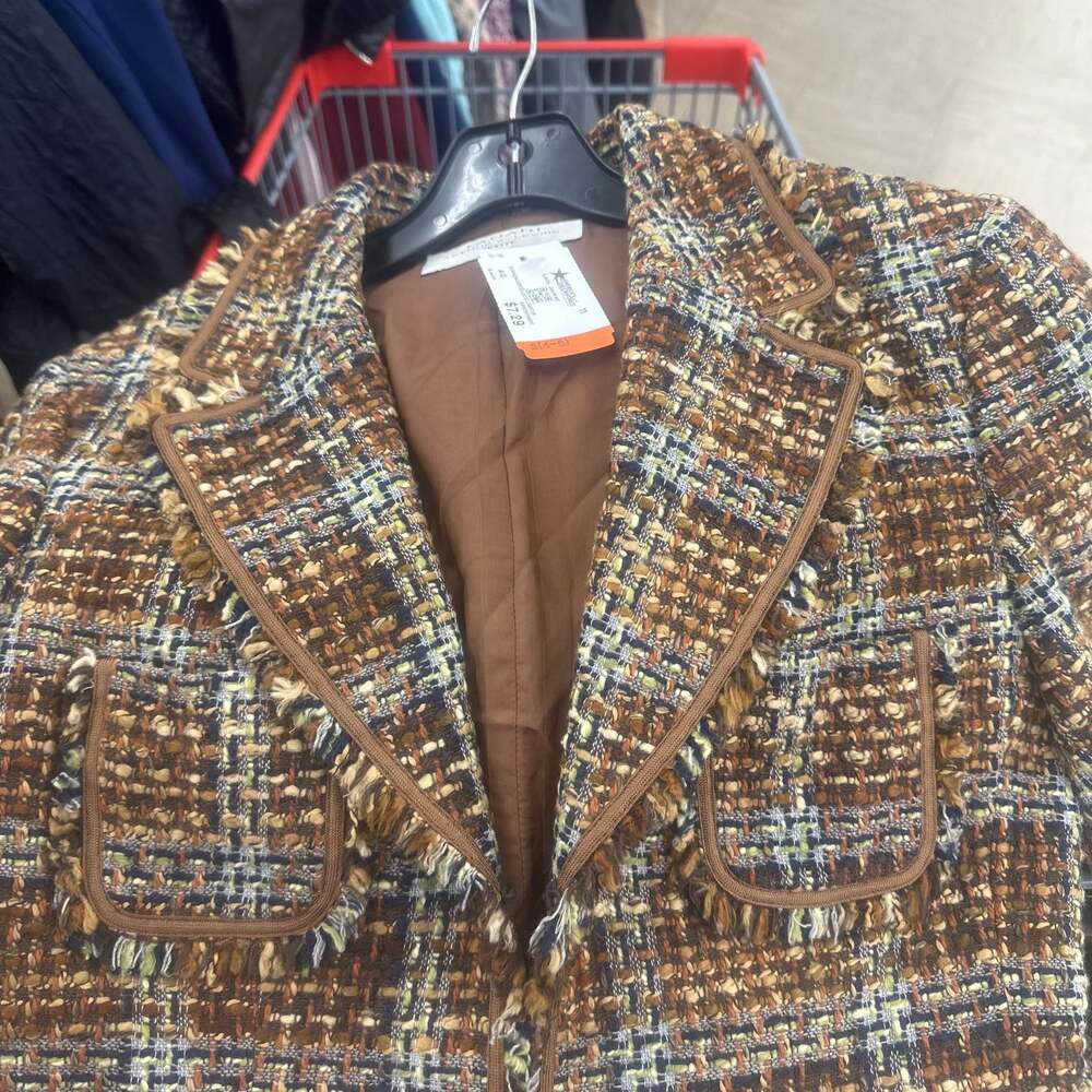 Woman's Tan Multi-Color Plaid Fringe Collar Button-Up Jacket Size S(4-6)#92